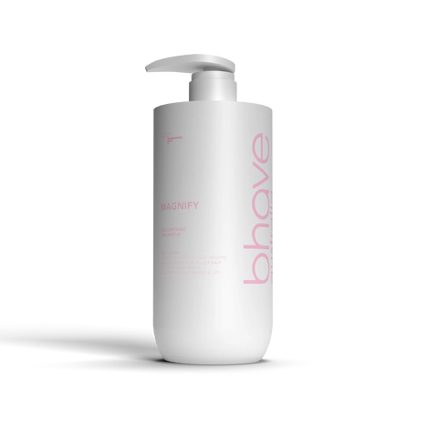 Bhave Magnify Shampoo 1000ml bottle with label, featuring clear packaging and product details for volumizing hair care.