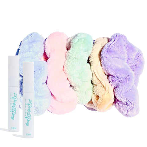 Five soft, fluffy hair scrunchies from Perfect Pony Hair with two flyaway serum bottles in a bundle.
