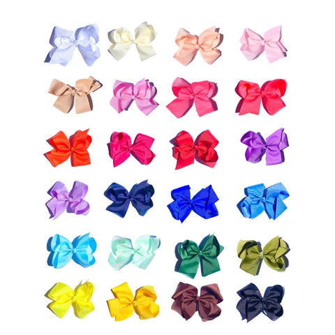 Six-inch Perfect Pony Hair bows with clips in 24 vibrant colors, perfect for children's hair accessories.