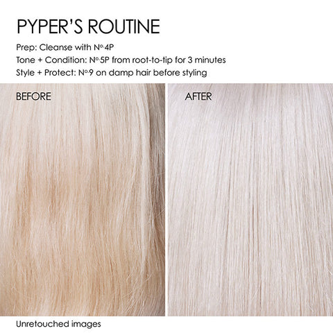 Olaplex No.5P Blonde Enhancer Purple Conditioner 250ml bottle with before and after images showing hair color improvement.