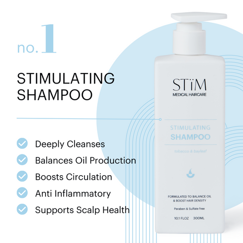 Stïm Haircare stimulating shampoo bottle with sleek black and silver design, featuring product label and pump dispenser.