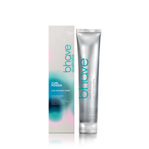 Bhave Curl Define Creme 145ml jar with the product label and a smooth, curly hair sample showing enhanced curl definition