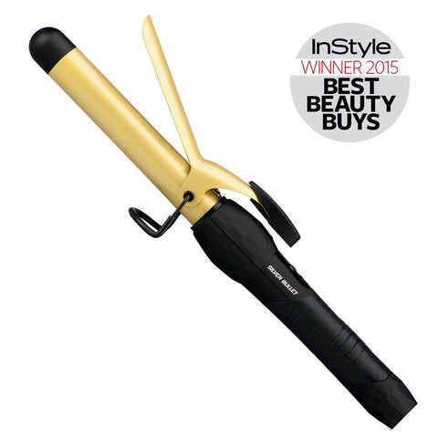 Silver Bullet Fastlane Curl Gold 25mm hair curler with gold barrel and ergonomic handle, ideal for creating smooth curls.