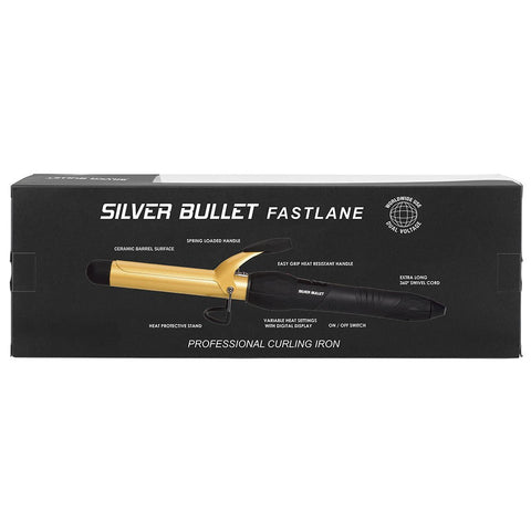Silver Bullet Fastlane Curl gold 25mm hair curler with ceramic barrel and ergonomic handle, ready for styling.