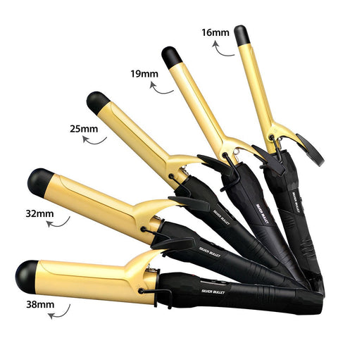 Silver Bullet Fastlane Curl Gold 25mm hair curler with a gold barrel, showing the curling iron ready for styling on a clean surface.