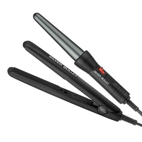 Silver Bullet straightener from the Silver Bullet Mini Travel Set, compact hair styling tool with a sleek silver design.