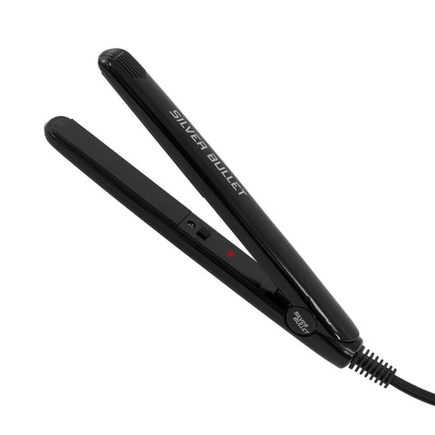 Silver Bullet Mini Straightener with sleek silver design, compact for easy styling and straightening hair.