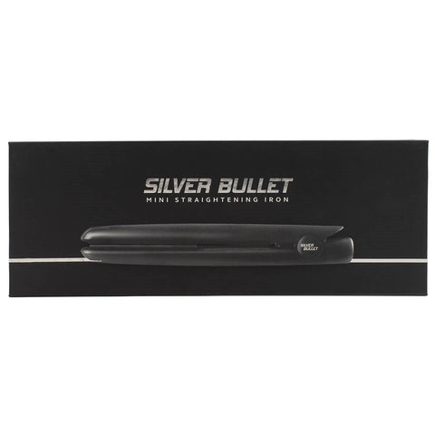 Silver Bullet Mini Straightener with sleek silver design, compact hair straightener for quick styling.