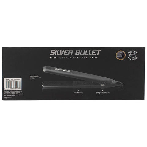 Silver Bullet Mini Straightener with sleek silver design, compact size, and ceramic plates for smooth, straight hair.