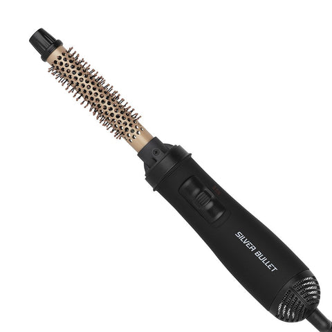 Silver Bullet Genesis 19mm hot air brush with silver handle, showcasing its round barrel and ergonomic design for styling.
