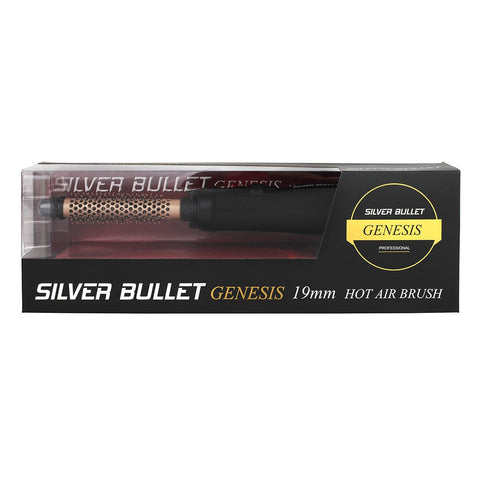 Silver Bullet Genesis 19mm hot air brush with a silver handle and rotating barrel for styling hair.
