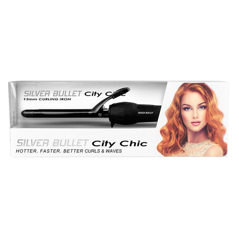 Silver Bullet City Chic Curl Iron in black, showcasing the sleek hair curler with a silver barrel for creating stylish curls.