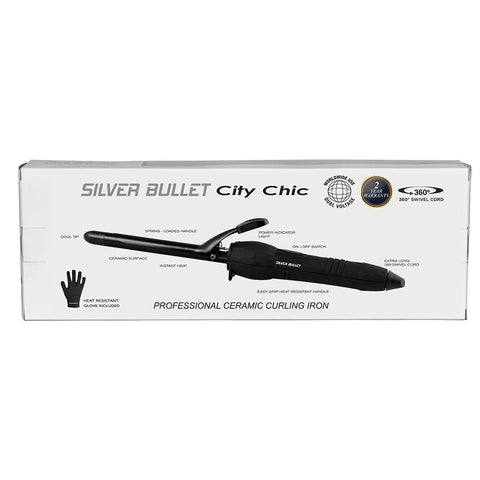 Silver Bullet City Chic Curl Iron black hair curler with textured barrel and ergonomic handle, ready for styling.