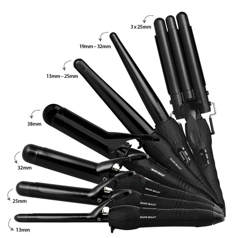 Silver Bullet City Chic Curl Iron Black, a hair curler with a sleek black design and textured handle, ready for styling.