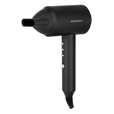Silver Bullet Resolution Hair Dryer with sleek silver finish, multiple heat and speed settings, and a concentrator nozzle attachment.