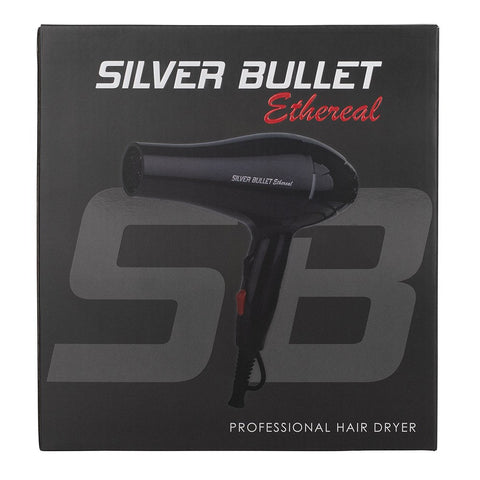 Silver Bullet Ethereal Dryer 2000W hair dryer with silver finish and multiple styling nozzles, shown on a white background.