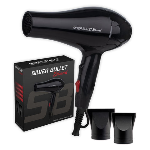 Silver Bullet Ethereal Dryer 2000W, a sleek silver hair dryer with a concentrator nozzle and ergonomic handle.
