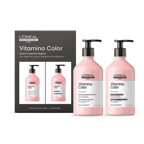L'Oreal Professionnel Vitamino Colour gift pack with 500ml bottles of hair color care products, featuring vibrant packaging and branding