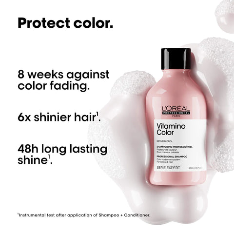 L'Oreal Professionnel Vitamino Colour gift pack with 500ml bottles of hair color protection shampoo and conditioner.