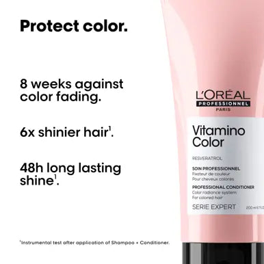 L'Oreal Professionnel Vitamino Color Trio gift pack with shampoo, conditioner, and mask in colorful packaging for vibrant hair care.
