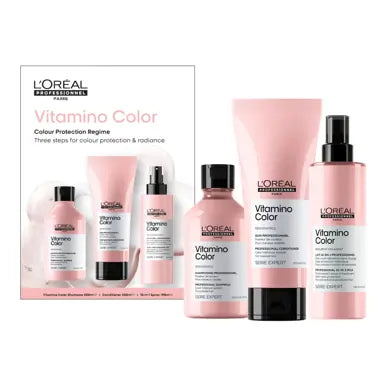 L'Oreal Professionnel Vitamino Color gift pack with shampoo, conditioner, and treatment bottles for vibrant hair care.