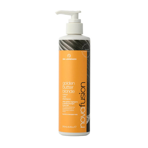 Delorenzo Novafusion Colour Shampoo 250ml bottle with vibrant label, designed for color-treated hair.