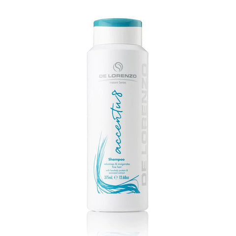 Delorenzo Accentu8 Shampoo in 375mL bottle, featuring sleek packaging and product details, designed for hair care.