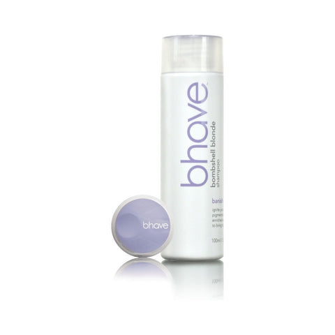 Bhave Bombshell Blonde Shampoo 100ml bottle with a sleek design, suitable for brightening and smoothing blonde hair.
