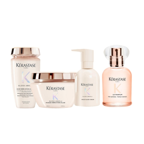Kérastase Gloss Absolu Hydra-Glaze bundle with hair care products, featuring sleek bottles and packaging for shiny, healthy hair.