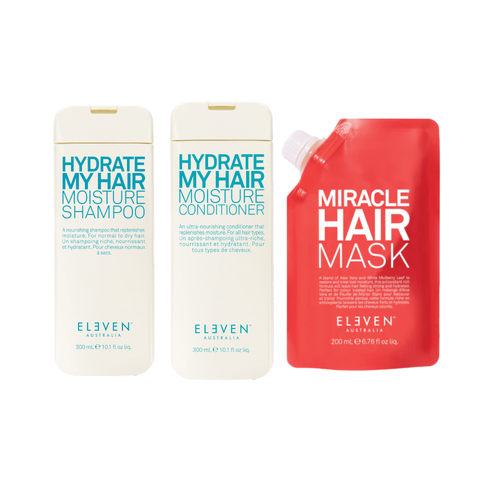 Eleven Australia Hydrate & Miracle Bundle with shampoo, conditioner, and styling products for nourishing hair care.