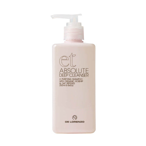 Delorenzo Essential Treatments Absolute Deep Clean Shampoo in 250ml bottle, showing clear shampoo with label and packaging