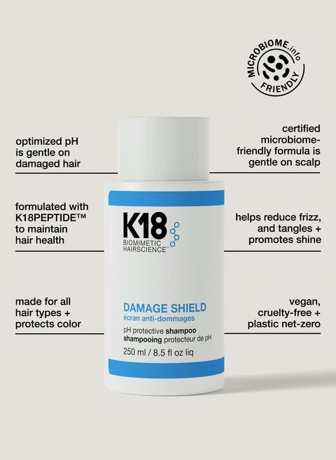 K18 Damage Shield pH Protective Shampoo 250ml, showing the bottle with label and product details on a white background.