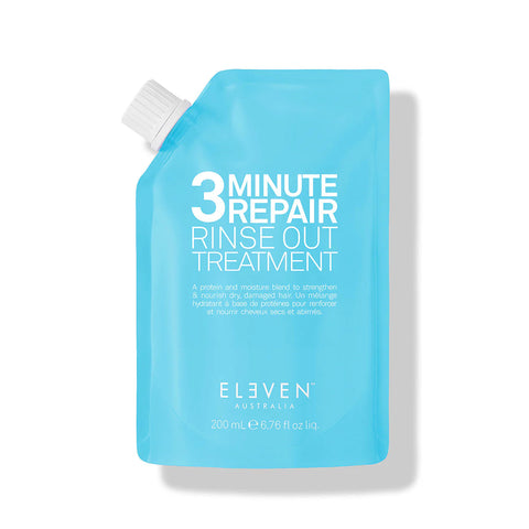 Eleven Australia 3 Minute Repair Rinse Out Treatment 220ml pouch, showing the treatment bottle with product label and cap.
