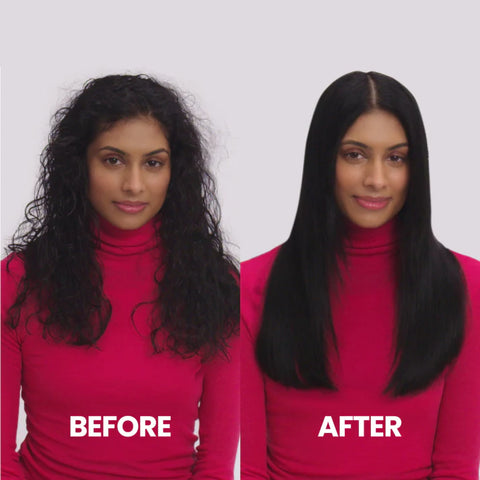 Eleven Australia Smooth Me Now Thermal Spray 200ml, a blowdry spray shown in a before and after hair styling comparison image.