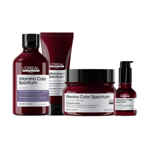 L'Oréal Professionnel Vitamino Color Spectrum Purple Shampoo bundle with purple and white bottles for color-treated hair care.