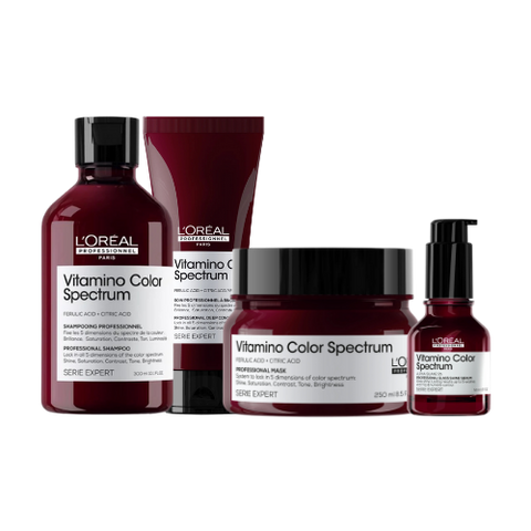 L'Oréal Professionnel Vitamino Color Spectrum Shampoo bundle with multiple bottles for color protection and vibrant hair care.
