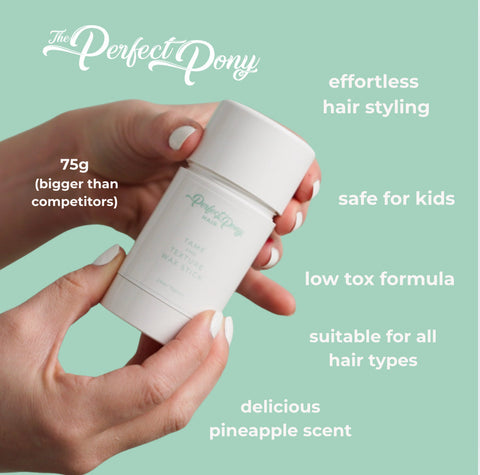 Perfect Pony Hair strong hold hair wax stick for baby hair control, ideal for slick back styles and hair accessories.