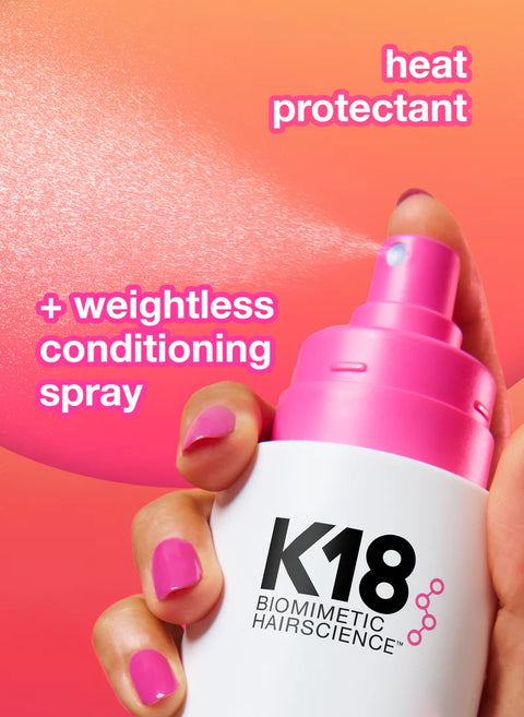 K18 HeatBounce conditioning heat protectant spray in 118ml bottle, designed to protect hair from heat styling damage.