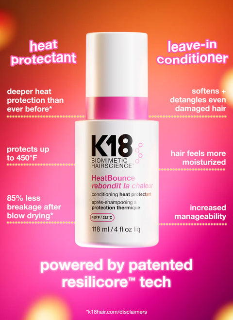 K18 HeatBounce Conditioning Heat Protectant spray bottle, styling product, 118ml, designed to protect hair from heat damage