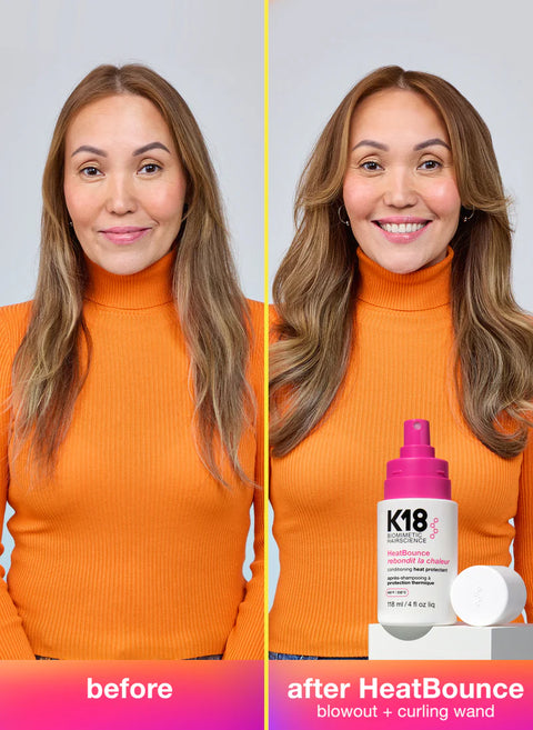 K18 HeatBounce Conditioning Heat Protectant spray in 118ml bottle, designed to protect hair from heat styling damage.