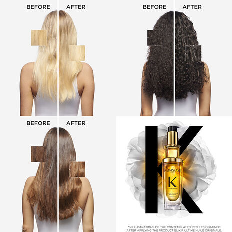 Kérastase Elixir Ultime Original Hair Oil 75ml bottle, refillable, with a sleek design and golden label for nourishing hair care.