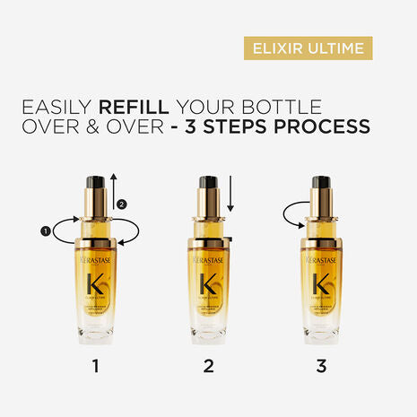 Kérastase Elixir Ultime Original Hair Oil 75ml bottle, refillable, with sleek packaging and golden oil inside.