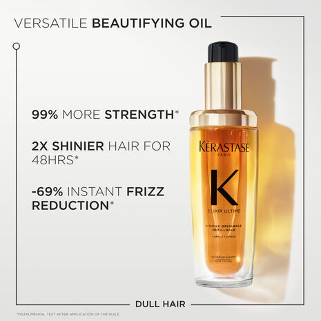 Kérastase Elixir Ultime Original Hair Oil 75ml bottle with gold accents, showcasing the refillable packaging and luxurious design.