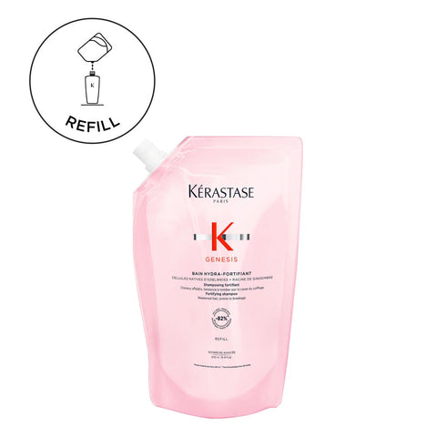 Kérastase Genesis Bain Hydro-Fortifiant refill shampoo pouch, 500mL, with sleek packaging and front label visible.