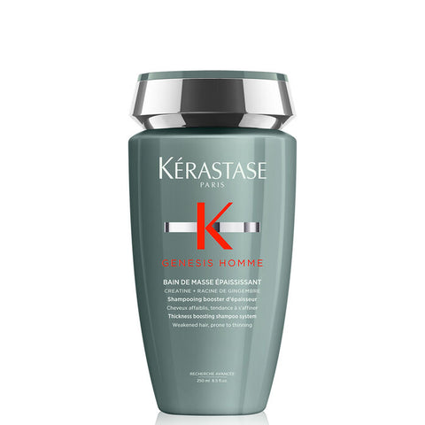 Kérastase Genesis Homme thickening shampoo and hair care bundle for men, featuring bottles with sleek packaging.