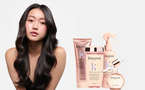 Kérastase Absolu Gloss Bundle with hair care products in sleek packaging, designed to enhance shine and smoothness for hair.