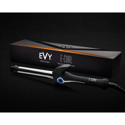 Evy EVY Professional E-Curl 25mm hair curler with a box, showcasing its sleek design and curling barrel for styling.