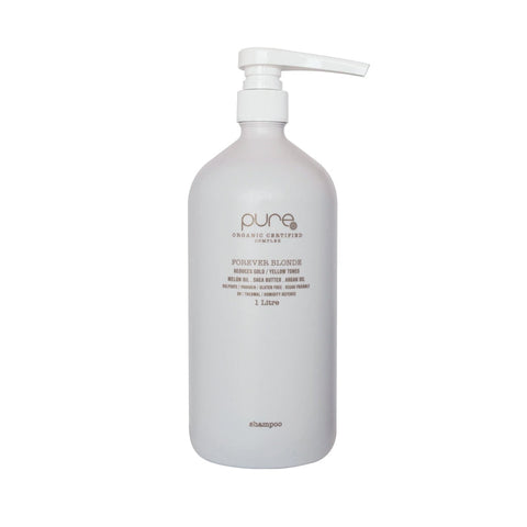 Pure Forever Blonde Shampoo bottle, 1000ml size, featuring a sleek design and blue and white packaging for blonde hair care by Pure.