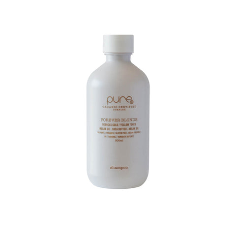 Pure Forever Blonde Shampoo bottle, 300ml, with sleek design and label showcasing Pure brand for blonde hair care.