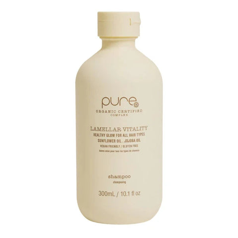 Pure Lamellar Vitality Shampoo 300ml bottle with clear label and pump for revitalizing hair care by Pure.
